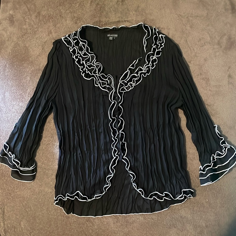 PIANO Vintage black sheer decorative Sleeve Crinkle Ruffle Blouse-Large